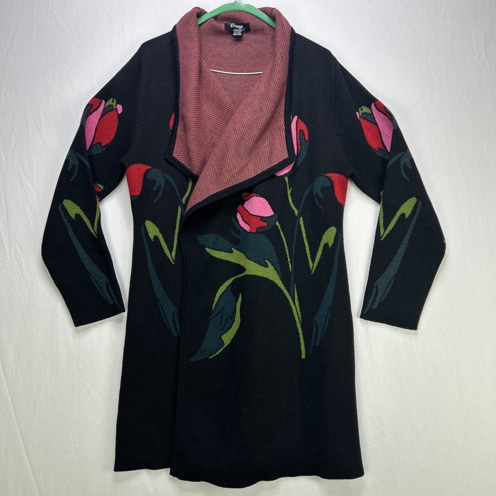 Orange Fashion Village Open Front Floral Print Sweater Jacket One Size Women's